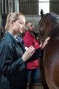 Female Vet Giving Injection To Horse In Stable