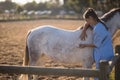 Female vet injecting horse at barn Royalty Free Stock Photo