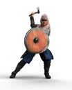 3D rendering of a female viking shield maiden holding and axe in fighting pose isolated on a white background Royalty Free Stock Photo