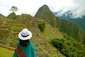 Female Visitor Being Impressed with the Amazing Machu Picchu Inca Citadel, Urubamba Province, Cusco Region, Peru Royalty Free Stock Photo