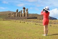 Female Visitor Shooting Picture of the Iconic Fifteen Moai Statues of Ahu Tongariki Ceremonial Platform on Easter Island, Chile Royalty Free Stock Photo