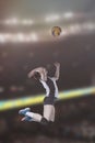 Female volleyball players jumping close-up on vollayball court. Royalty Free Stock Photo