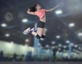 Female volleyball players jumping close-up on vollayball court. Royalty Free Stock Photo