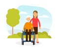 Female Volunteer Caring about Senior Disabled Man on Wheelchair Vector Illustration