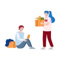 Female volunteer donate food to homeless poor man a vector illustration.
