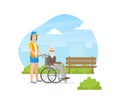 Female Volunteer Helping to Disabled Elderly Man in Wheelchair, Volunteering, Charity, Supporting People Concept Vector