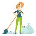 Female volunteer sweeping vector isolated. Cleaner working