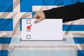 Female voter lowers the ballot in a transparent ballot box against the background of the national flag of Greece, concept of state