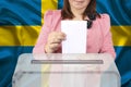 Female voter lowers the ballot in a transparent ballot box against the background of the national flag of Sweden, concept of state