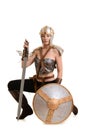 Female warrior kneeling with sword and shield Royalty Free Stock Photo