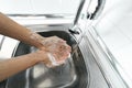 Female washing hands with liquid soap for preventing and stop corona virus spread