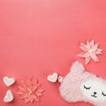 Female wearing cute kawaii sleeping band pink lama, trendy soft pastel pink and coral colours on empty background. Top view Soft