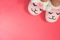 Feet female wearing cute sleeping pink lama trendy slippers soft pastel pink and coral colours on empty backgroundTop