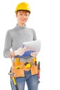 Female wearing working clothes and construction tools holding cl Royalty Free Stock Photo