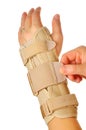 Female wearing wrist brace over white background