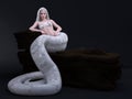 3D Render : A female white snake demon character relaxing on the rock in the studio background