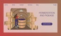 Female winemaker mixes and shakes grape pulp in wooden vat at wine cellar with oak barrels, Website design concept, landing page