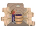 Female winemaker mixes and shakes grape pulp in wooden vat at wine cellar with oak barrels