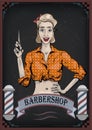 Female woman girl lady hairdresser, barber with scissors, shear, beautiful worker people portrait. Vector nice retro vertical