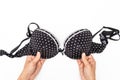 Female woman hands holding black spotted bra on white background Royalty Free Stock Photo