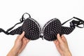 Female woman hands holding black spotted bra on white background Royalty Free Stock Photo