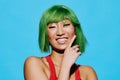 Woman fashion hat summer smile swimsuit wig trendy asian beauty portrait