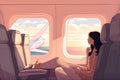 trip woman window flight passenger vacation seat character journey transportation plane. Generative AI.
