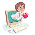 Female Woman Valentin Day Internet Cute Happy Businesswoman Hold Greeting Love Heart Monitor Background Cartoon Design