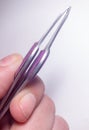 Woman hands holding tweezers with purple handle.