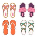 Female, women shoes collection for summer and home in cartoon style. Flat casual footwear. Vector illustration isolated Royalty Free Stock Photo