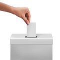 Female or women Voter Holds Envelope In her Hand Above Vote Ballot for casting vote on white background