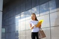 Business woman girl work business center look at documents