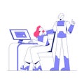 Female Worker And Assistant Robot At Desk In Flat Vector Illustration Symbolizing Robotics, Automation, And Workplace