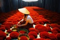 A female worker bundling incenses in the factory in Vietnam