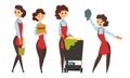 Female Worker of Cleaning Service in Apron with Different Tools Collection, Housewife in Everyday Routine Vector