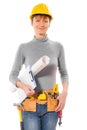 Female worker with construction tools holding clipboard and blue Royalty Free Stock Photo