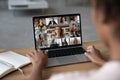Female worker have webcam digital virtual talk on laptop Royalty Free Stock Photo