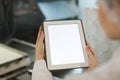 Female Worker Holding Digital Tablet at Food Factory Close Up Royalty Free Stock Photo