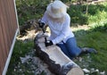 Female worker hollowing out s tree trunk herb planter Royalty Free Stock Photo