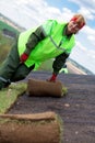 Female worker laying sod rolled grass Royalty Free Stock Photo