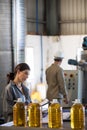 Female worker maintaining record while technician operating machine Royalty Free Stock Photo