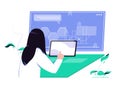 Female worker is monitoring company analysis data. Widescreen digital media. Flat vector illustration