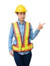 Female worker with Protection Equipment pointing on copy space,