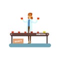 Female worker sorting fruit on conveyor line, juice production process stage vector Illustration on a white background