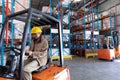 Female worker using digital tablet while sitting in forklift in warehouse Royalty Free Stock Photo