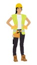 A female worker wearing a helmet, vest, and tool belt. Hand-drawn vector illustration isolated on white