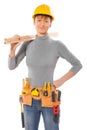 Female worker wearing working clothes holding wooden planks Royalty Free Stock Photo