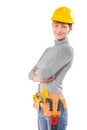 female worker wearing working clothes with tools isolated on white Royalty Free Stock Photo