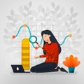 Female workers are curious about line chart reports. flat cartoon vector illustration