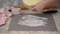 Female working with the dough. Putting yeast dough on a work surface.